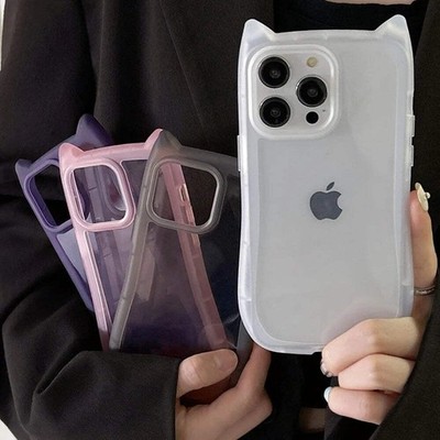 Korea Cute 3D Cat Ear Transparent Phone Case For iPhone 11 12 13 14 15 16 Pro Ma