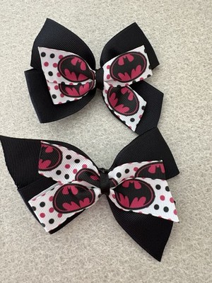 Hair Bows. Piggy Tails. Batman Girl. Pink And Black. Set Of Two