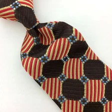 Lanvin New York Paris Tie Checkerboard Stripe Brown Red Gold Necktie Silk L3 Vtg