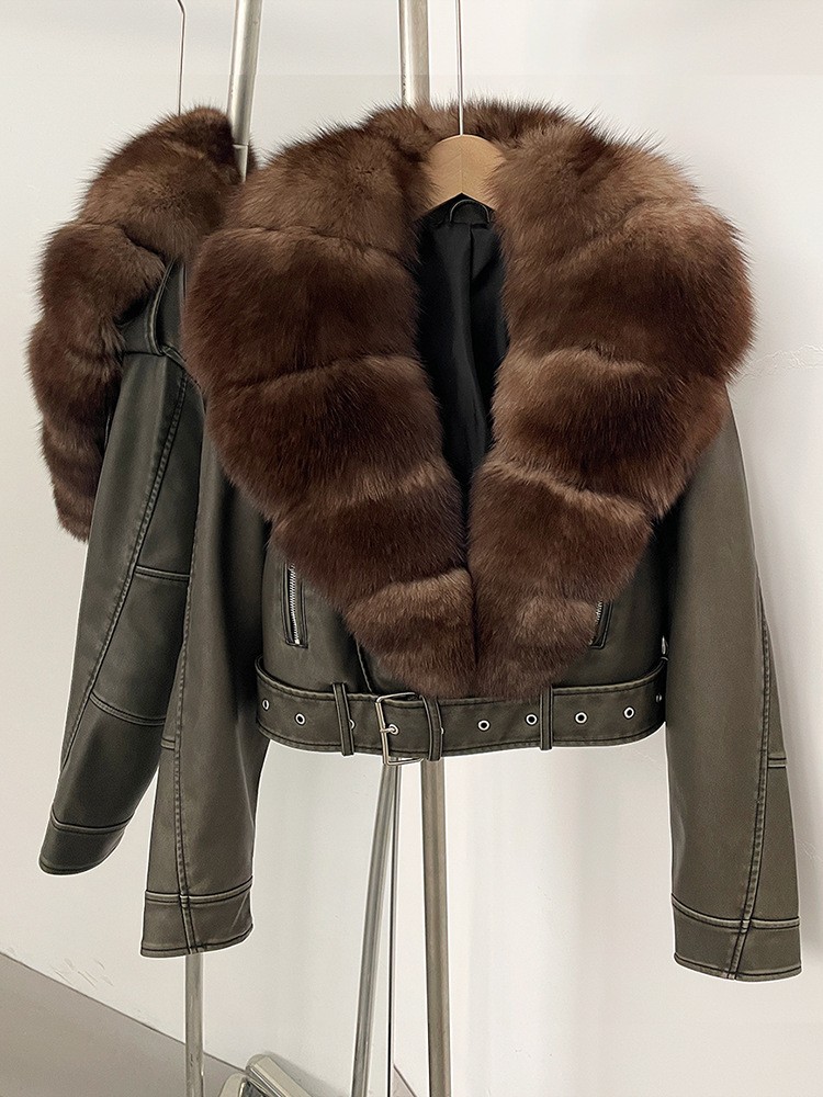 Winter Genuine Fur Collar Fox Fur Grass Coat Women's Leather Biker Down Jackets