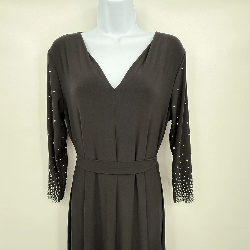 MSK 连衣裙女式大号黑色 Maxi V 领串珠珍珠 3/4 袖腰带晚礼服 — 第 3/4 张图片