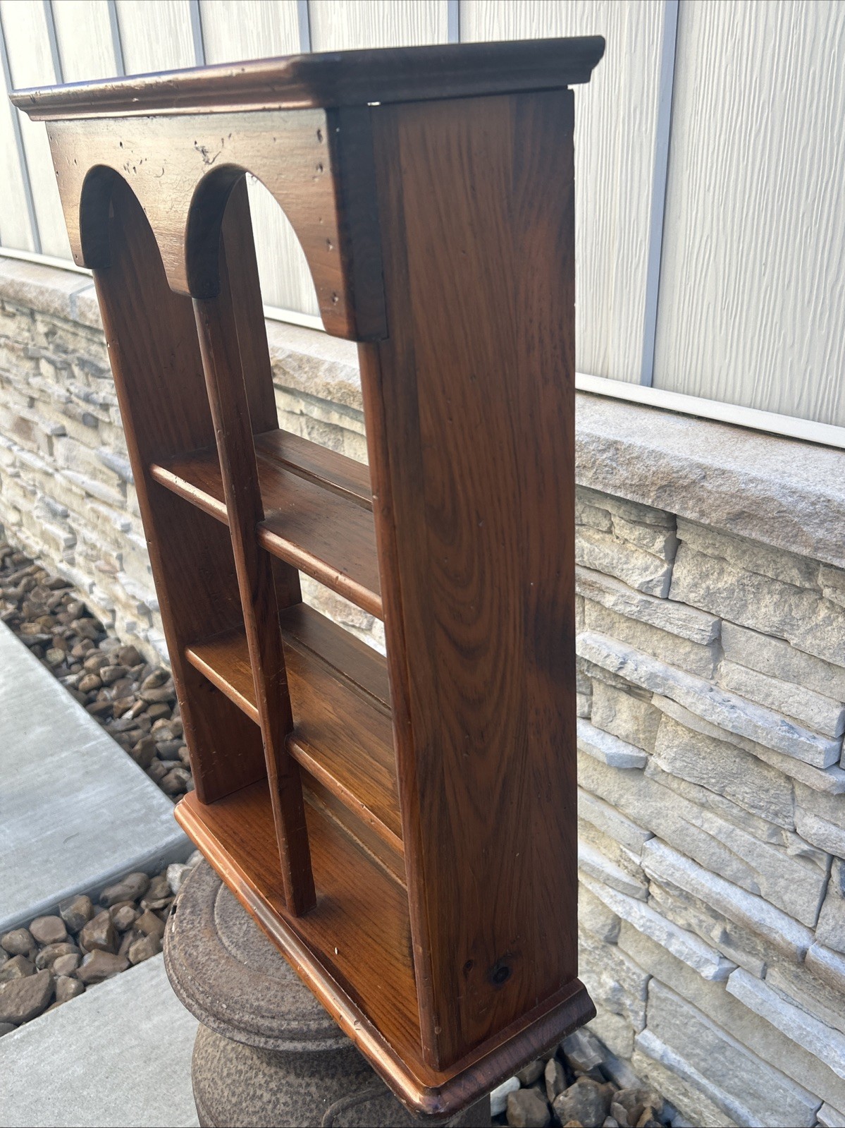 Vtg Solid Wood Wall Display, 3 Tier ,6 Windows. Hanging curio Teacup Shelf 16” W