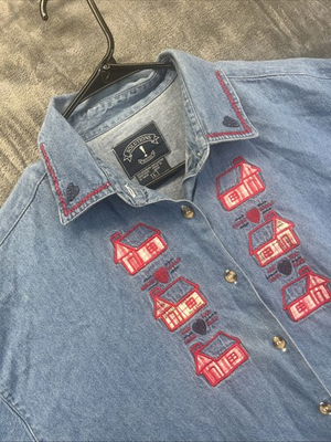 #ad Solutions Original Denim Button Up Shirt L Embroidered School House Heart VTG $21.84