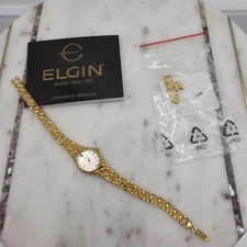 Vintage Elgin Watch Womens Quartz Gold Tone Textured Bracelet Japan Extra Links