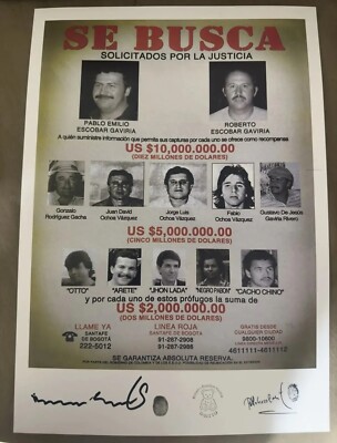 Pablo Escobar and gang wanted poster autographed by Roberto Escobar 20x14