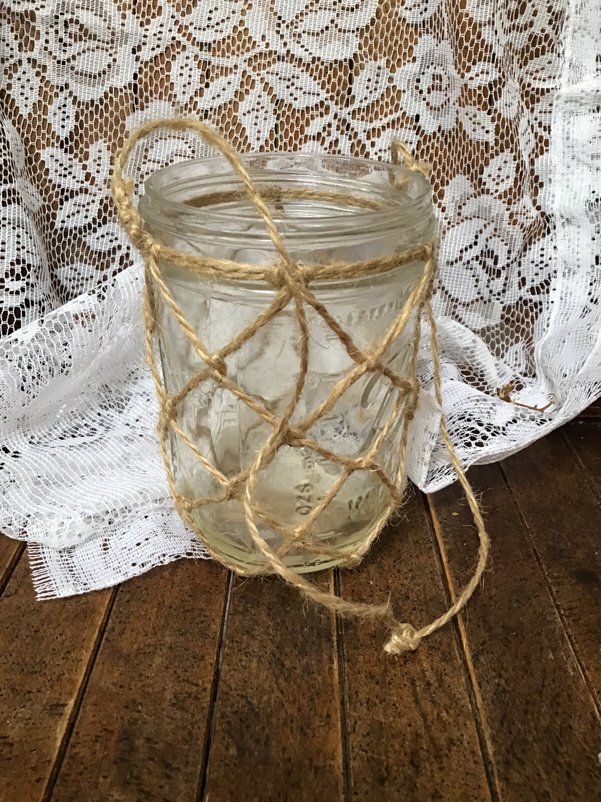 - 5&rdquo;high X 3.25&rdquo; Diameter- Glass & Rope Twine