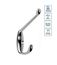 Image of 50 x Polished Chrome Metal Double Hat Coat Hooks, Door Wall DIY Robe Hanger Hook
