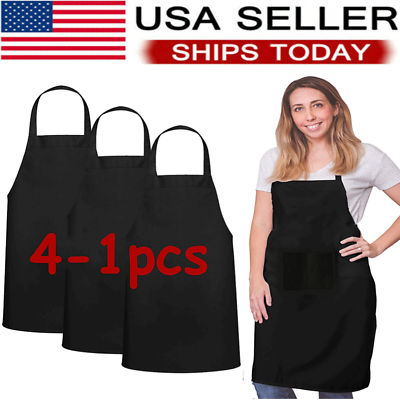 #ad Solid Cooking Kitchen Restaurant Bib Apron Unisex Dress Black with 2 Pocket 1 4 $17.98