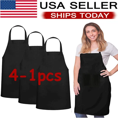 Solid Cooking Kitchen Restaurant Bib Apron Unisex Dress Black with 2 Pocket 1-4