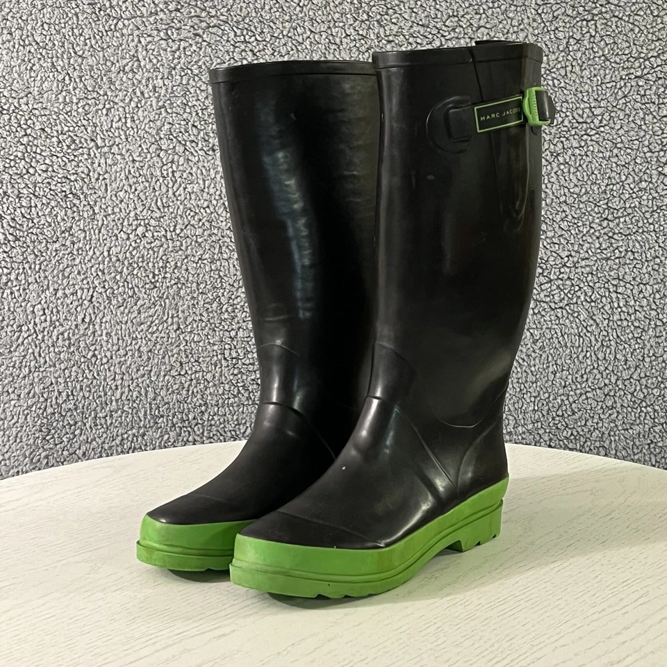 Marc Jacobs Botas Mujer 39/9 Negro Verde Wellington Lluvia Goma Alto Pull On Foto 3 de 4