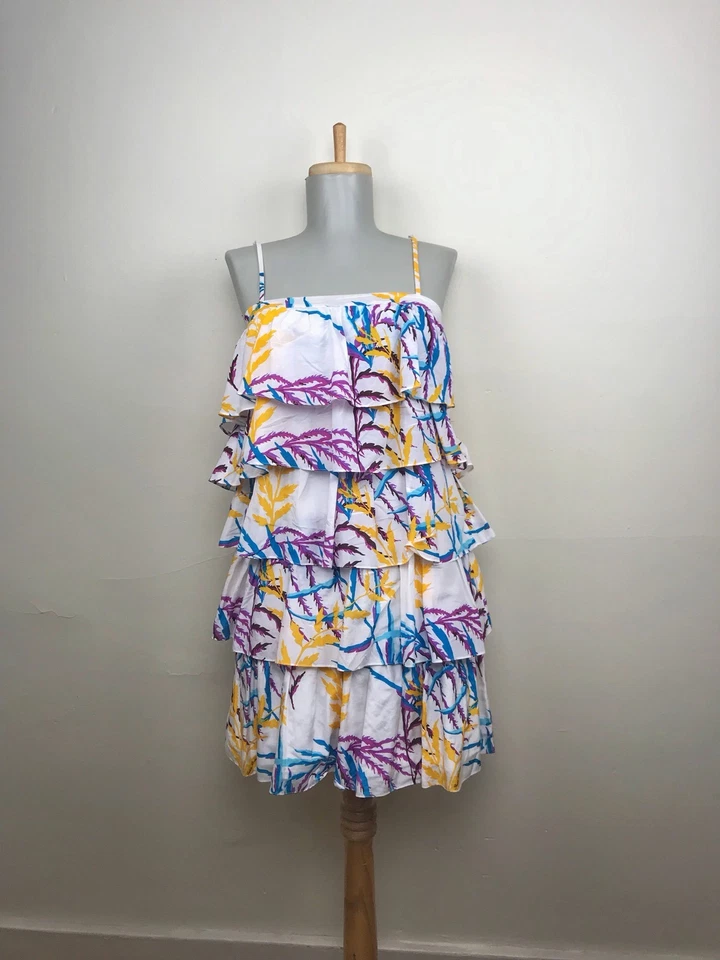 Julie Brown sz 0 Cotton Silk Tiered Ruffle Flounce Coral Print Dress Sundress Foto 2 de 4