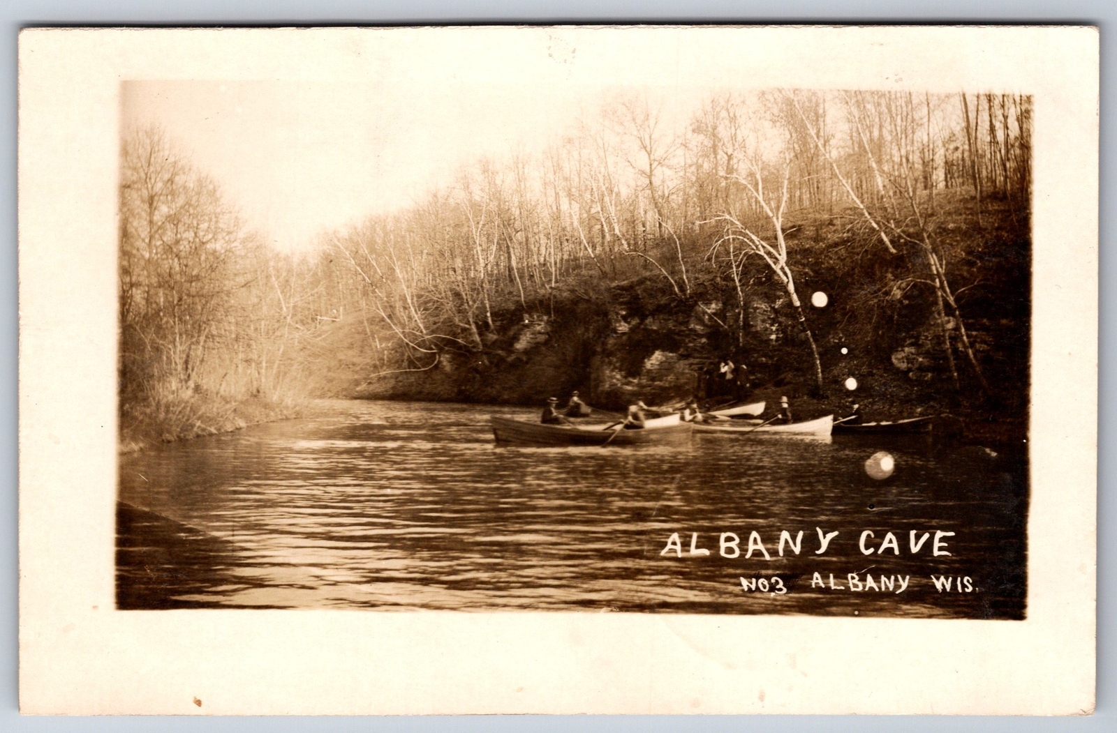 Albany Wisconsin~Canoes On River @ Albany Cave on Sugar River~RPPC