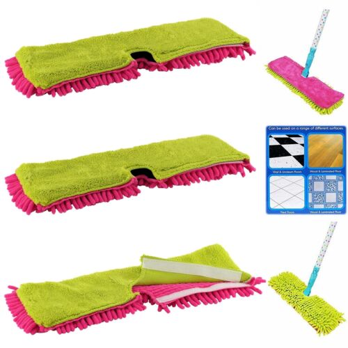 3x Double Sided Microfibre Mop Head Cloth Pad Refill 1 Chenille 1 Short Pile Set - Afbeelding 1 van 4