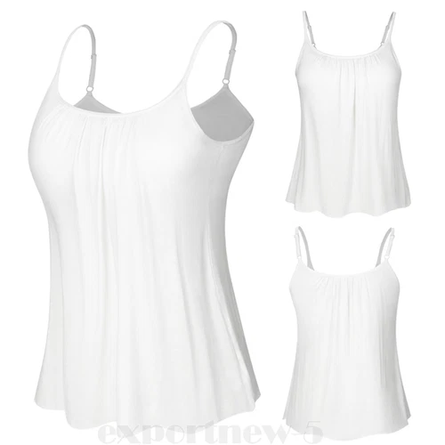Women Flowy Pleated Camisole with Built-in Bra Loose Casual Sleeveless Tank Tops - Picture 24 of 48