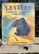 Lester's Ammo Vintage Metal Tin Sign Wall Decor Garage Man Cave Home Under $20 