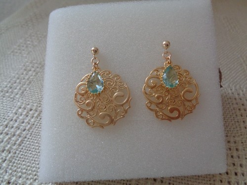 Gold Earrings, Gold Filled, Gold Plated, Filigree, with Crystal - Picture 3 of 11
