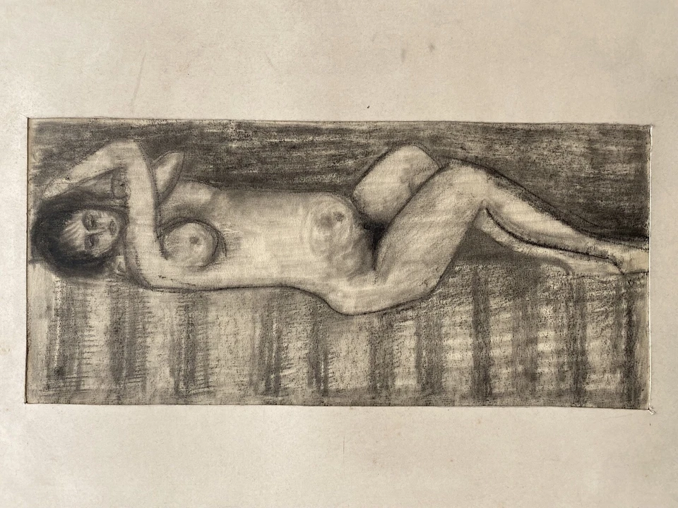 Zeichnung Karl-Heinz Grünewald Neunkirchen liegender weiblicher Akt Vintage - Bild 3 von 4