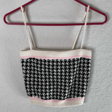 Alice & Olivia Stylish Black and White Houndstooth Spaghetti Strap Crop Top
