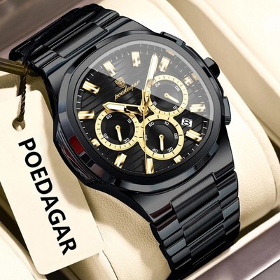 45MM POEDAGAR Quartz Luxury Men's Watch Analog Waterproof Stainless Luminous NEW