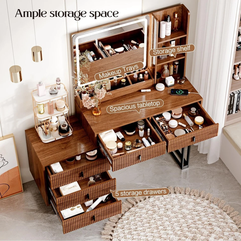 Large Vanity Desk 3 Color Touch Screen Dimming Mirror Charging Station Moden - Image 3 of 4