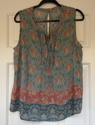 Daniel Rainn Sleeveless Art Deco Print Detail Split Neck Tie Top X Large