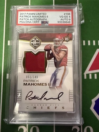 2017 Panini Limited Patrick Mahomes /149 Auto Patch RC PSA Auto 9