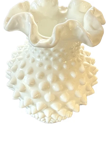 Fenton White Hobnail Milk Glass  Vintage Vase with Ruffled Edges 6" Tall
