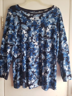 Beautiful 1X 54'' Bust 30'' Long Blue Floral Long Slv Comfy Cool 100% Cotton Top