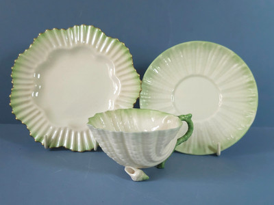 Belleek Neptun Muschel Teetasse & Untertasse mit Rüschenteller Mark 1891 - 1926 #2