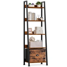 5-Tier Ladder Shelf, Ladder Bookshelf with Removable Drawer, Rustic Bookcase ...