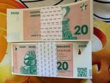 Zimbabwe Currency, 10 X 20 Zig GOLD Backed Banknote 2024, GEM UNC, QR Code, LOT