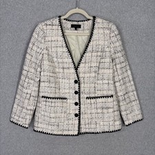 Talbots Tipped Tweed Blazer Size 6 Cream Crest Buttons Old Money Retro Glam Chic