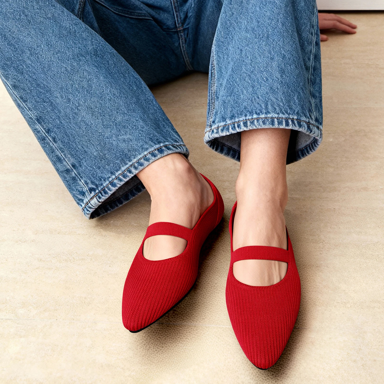 Women Breathable Knit Flat Shoes Comfortable Pointed Toe Slip On Flat Shoes