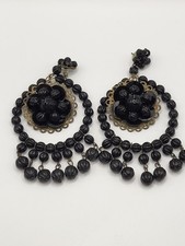 Vintage Black Boho Beaded Chandelier Hoop Dangle Post Earrings Lightweight 5"