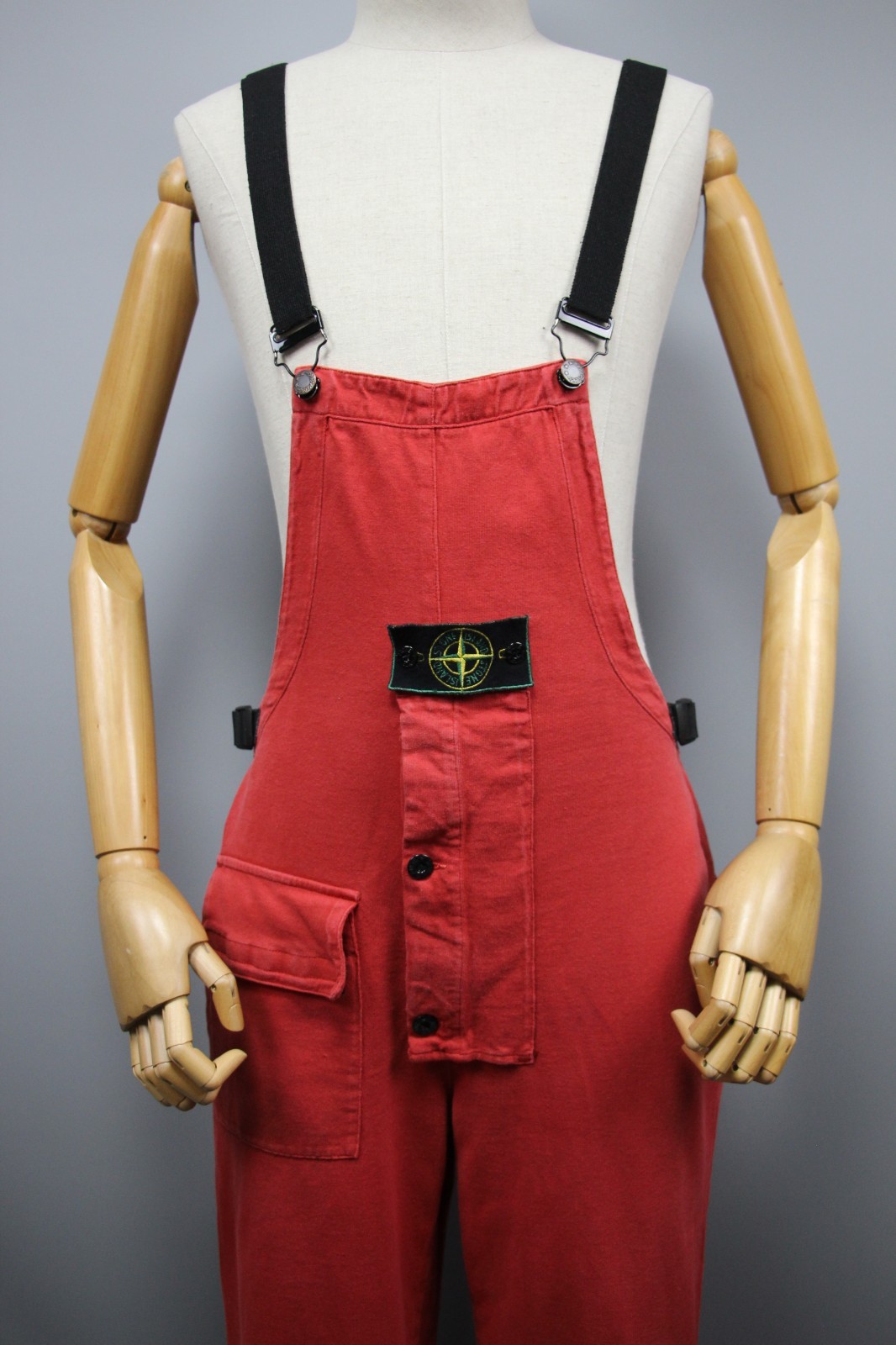 STONE ISLAND 1996 Vintage Red Jersey Cotton Dungarees Overalls Pants Mens Size M