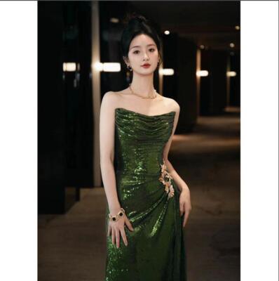 Women's Pretty Sequin Strapless Slit Mermaid Evening Dress Cocktail Prom 