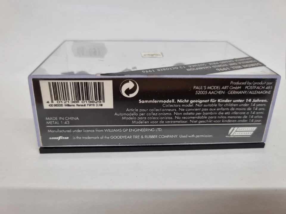 Minichamps 1:43 FW18 D.Hill Williams Renault Japanese GP World Champion430960005 - Image 4 of 4