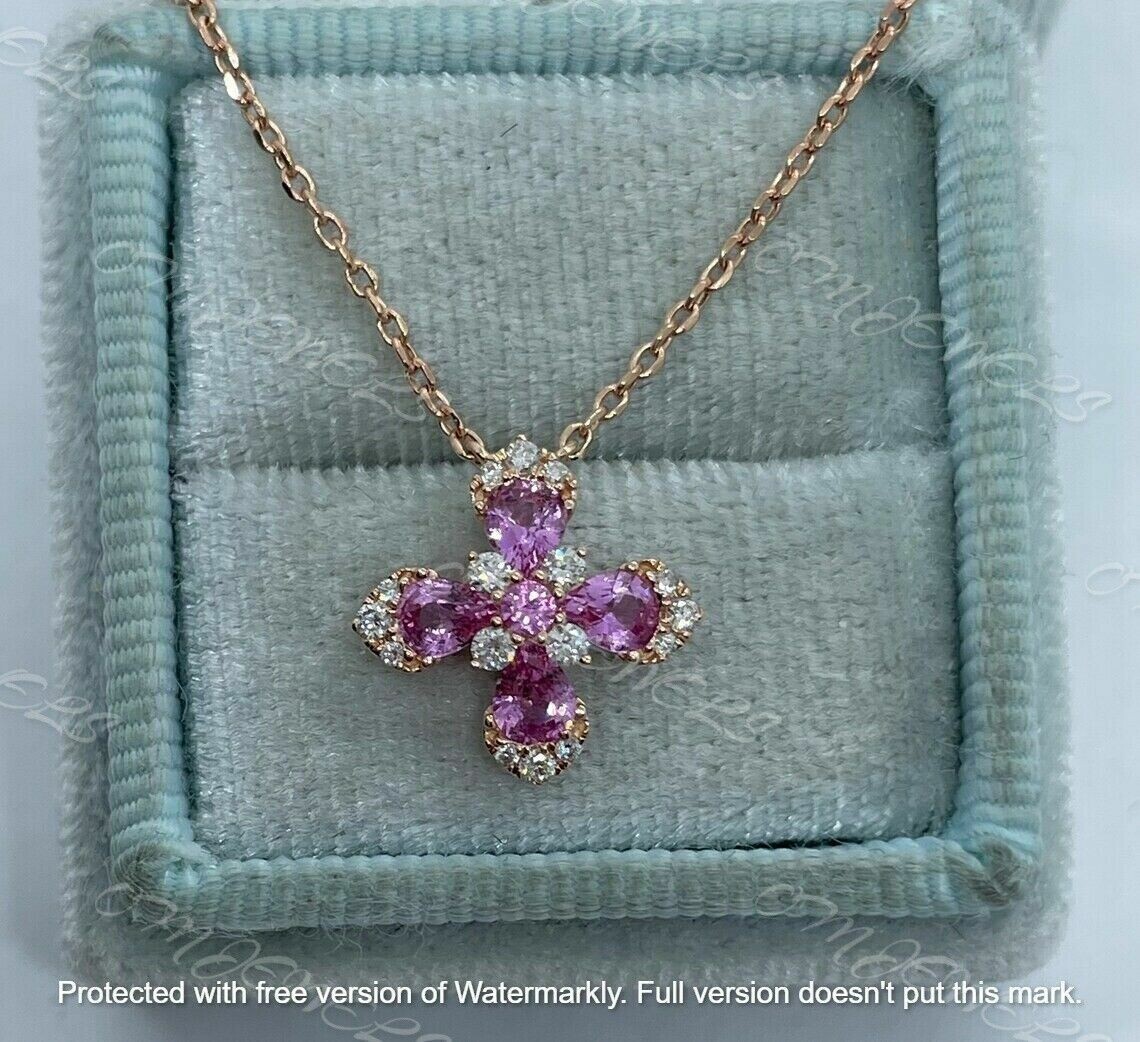2Ct Pear Cut Pink Sapphire Flower Cross Pendant 18K Rose Gold Finish Free Chain
