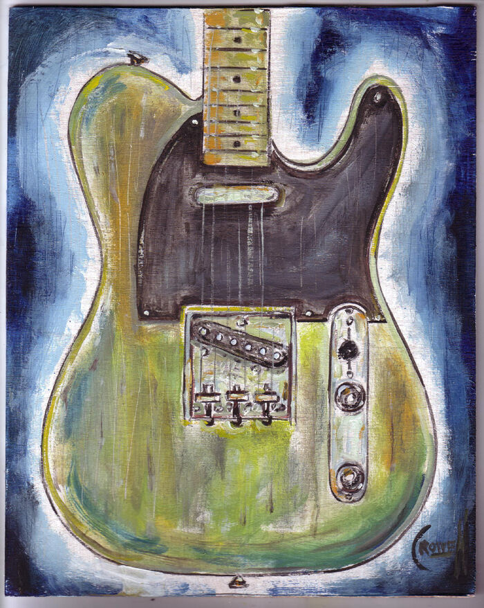 FENDER TELECASTER vintage painting guitar 8x10 WOOD original ART signed CROWELL