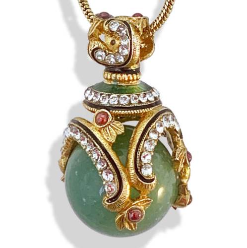 Green Jade Sterling Silver Faberge Egg Pendant Crystals Genuine Garnets Enamel  - 第 1/13 張圖片