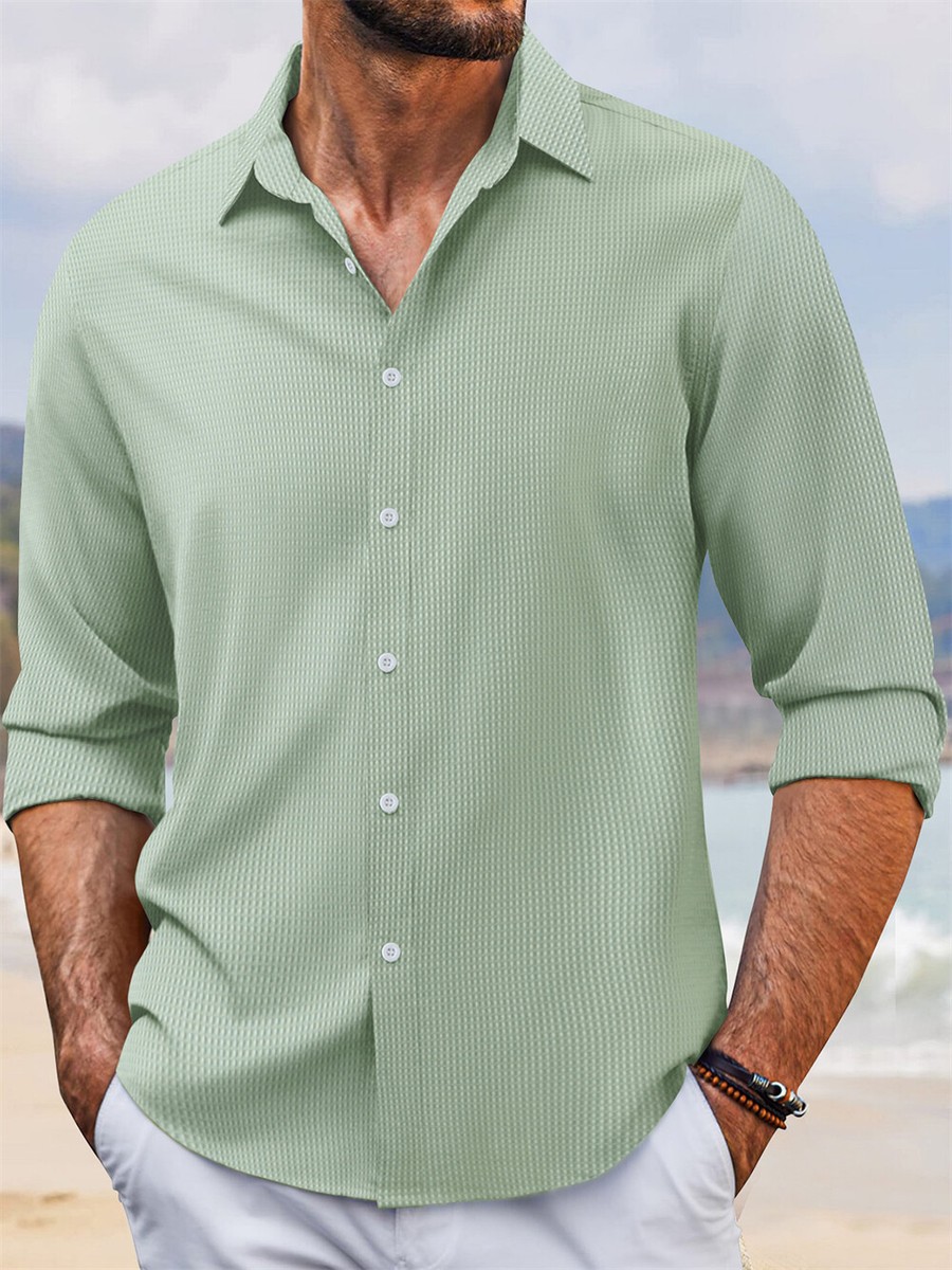 Men's Waffle Shirt Casual Slim Shirts Long Sleeve Button Down Blouse
