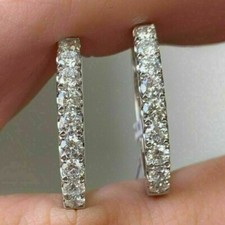 2CT Round Cut Real Moissanite Huggie Hoop Earring 14K White Gold Plated