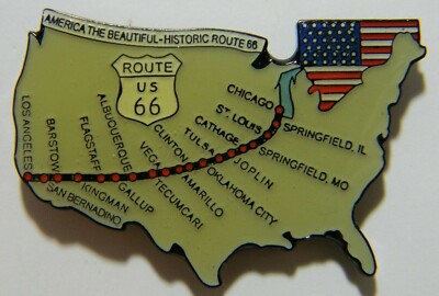 ROUTE 66 AMERICA THE BEAUTIFUL HISTORIC MAP PINBACK NEW IN PACKAGE