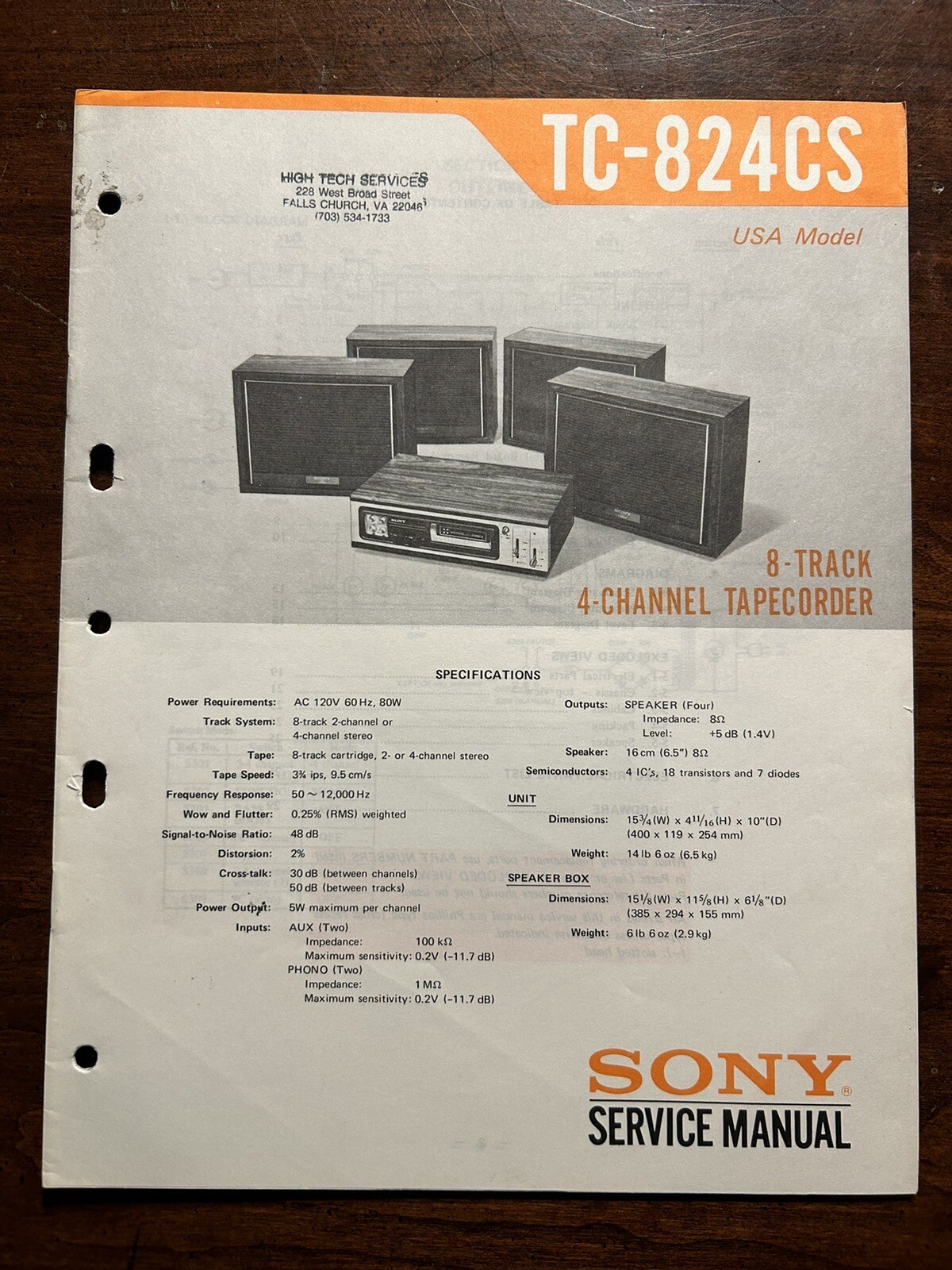 Sony TC-824CS Quad 8-Track Tapecorder Service Manual Original Genuine OEM