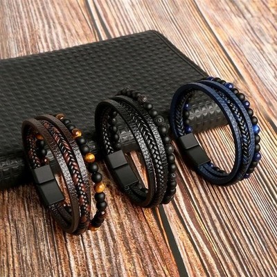 Men's Layered Braided Leather Beaded Bracelet With Tiger Eye, Natural Stone