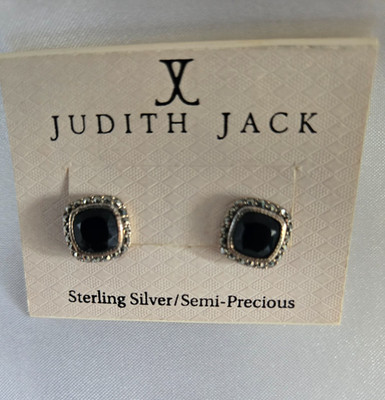 Judith Jack Sterling Silver Earrings Marcasite Onyx, Vintage 