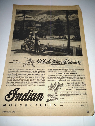 Indian Motorcycles WW2 Print Ad 1945 Buy War Bonds On The Warpath Indian News