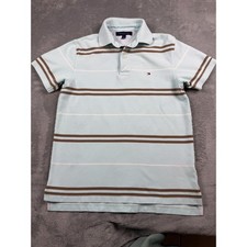 Tommy Hilfiger Men's Small Polo Shirt Blue Brown Stripe Short Sleeve Logo