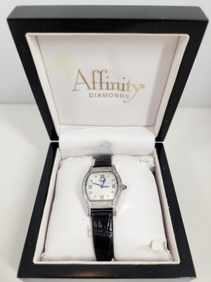 QVC Affinity diamond sterling watch leather band new battery in box w paperwork