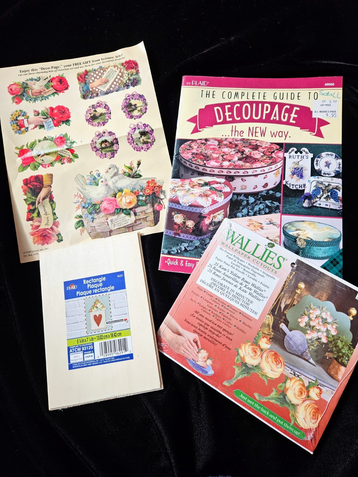 Decoupage Guide, wooden plaque, wallpaper cutouts, decoupage papers